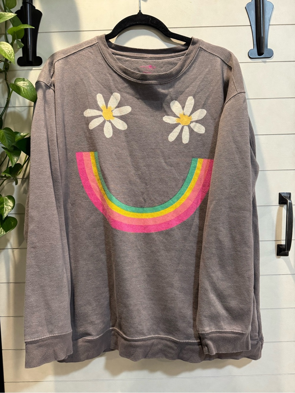 NATURAL LIFE Gray Sweatshirt with Rainbow Smile and Daisies